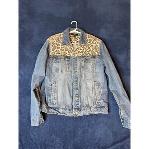 MENS FOREVER 21 LEOPARD Print DISTRESSED DENIM JACKET SIZE M